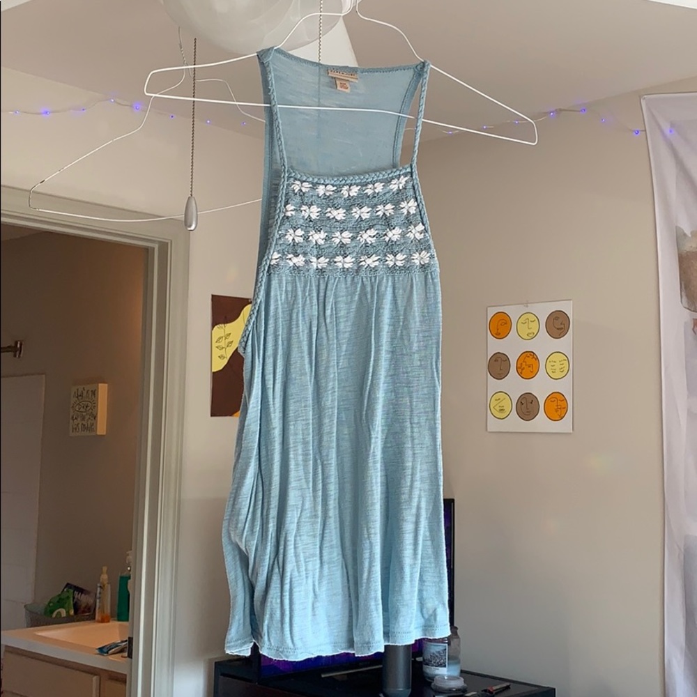 Blue halter top with stitched flowers